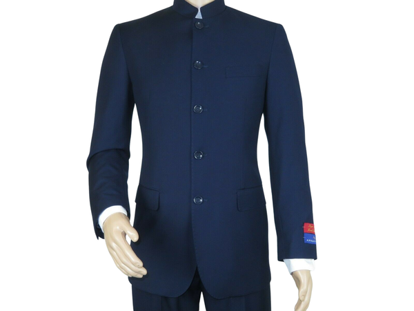 Men Apollo King Banded Collarless suit Mandarin 5 Buttons Wide leg M5-2 Navy