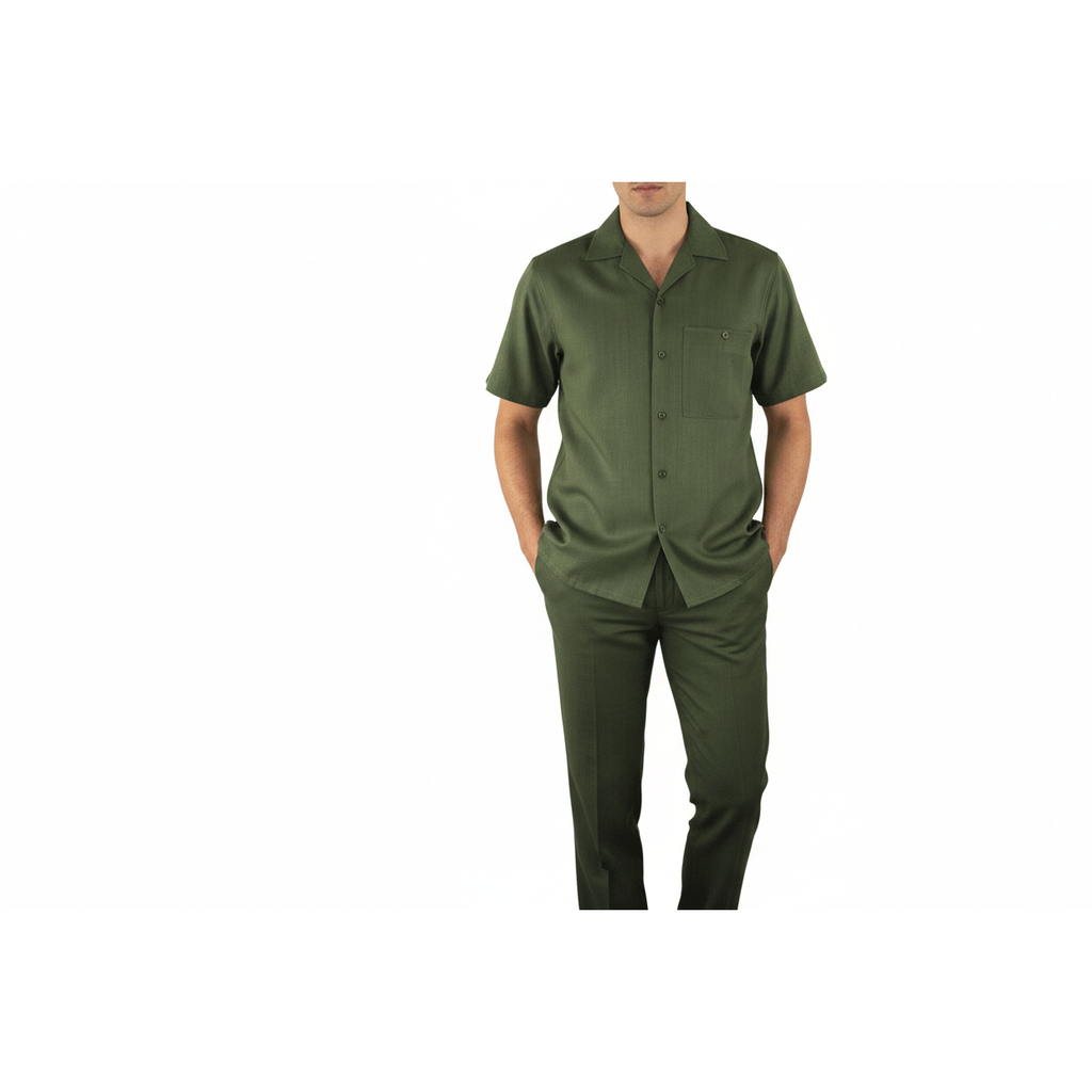 Men 2pc Walking Leisure Suit Short Sleeves By DREAMS 256-04 Solid Olive Green