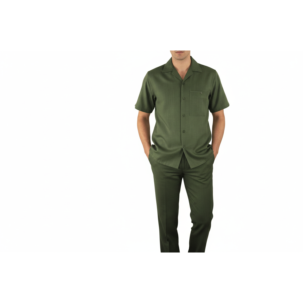 Men 2pc Walking Leisure Suit Short Sleeves By DREAMS 256-04 Solid Olive Green