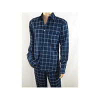 Men INSERCH 2pc Walking Leisure Suit Shirt Pant Set Plaid Long Sleeve SE001 Navy