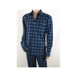 Men INSERCH 2pc Walking Leisure Suit Shirt Pant Set Plaid Long Sleeve SE001 Navy