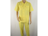 Men Stacy Adams Linen 2pc Walking Leisure Suit Shirt pant set 3510 Butter Yellow