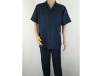 Men 2pc Walking Leisure Suit Short Sleeves By DREAMS 255-01 Solid Navy Blue