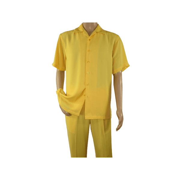 Mens INSERCH 2pc Walking Leisure Suit Shirt Pants Set Short Sleeves 9356 Banana