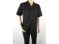 Men Stacy Adams Linen 2pc Walking Leisure Suit Shirt pants set 3510 Black