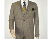 Men 3pc European Vested Suit WESSI by J.VALINTIN Slim Fit JV43 Brown Houndstooth