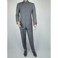 Men Apollo King Banded Collarless suit Mandarin 5 Button Wide leg M5-3 Gray New
