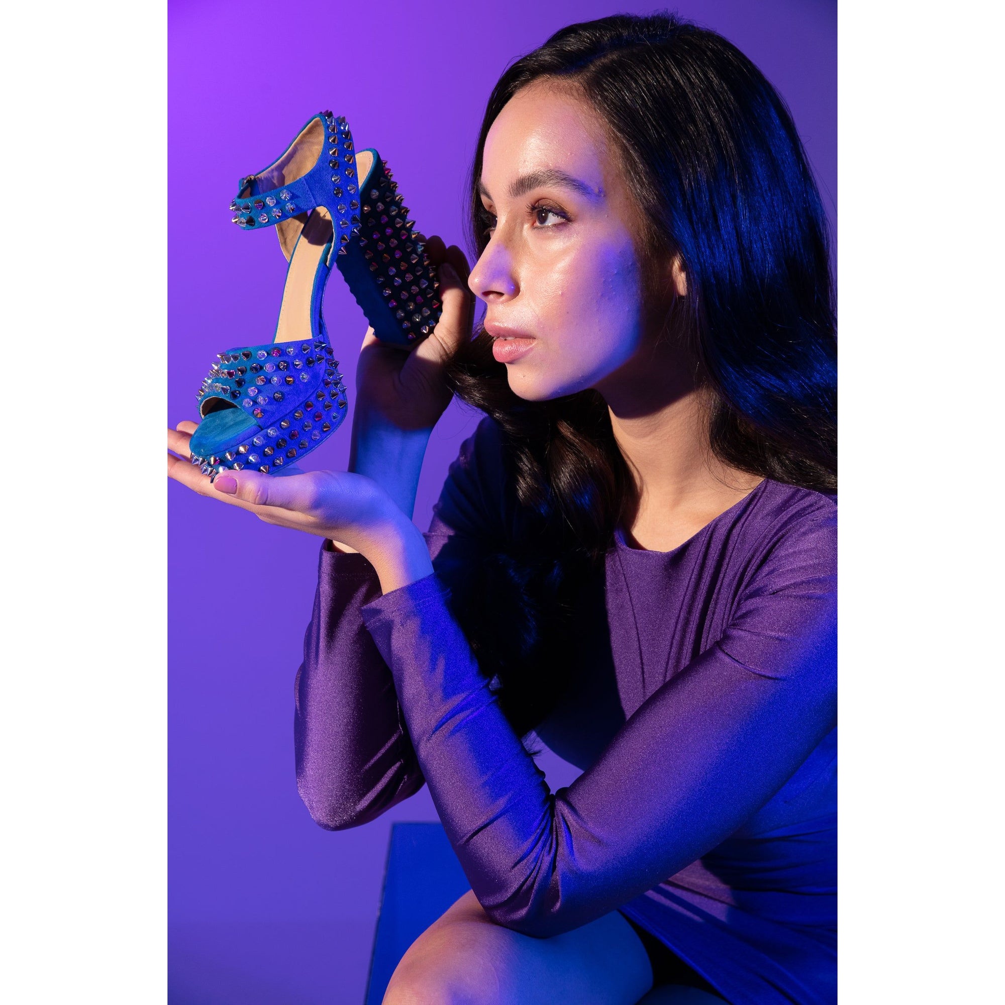 The Tampico Blue Suede Leather Spike Platform Heel Women Sandal
