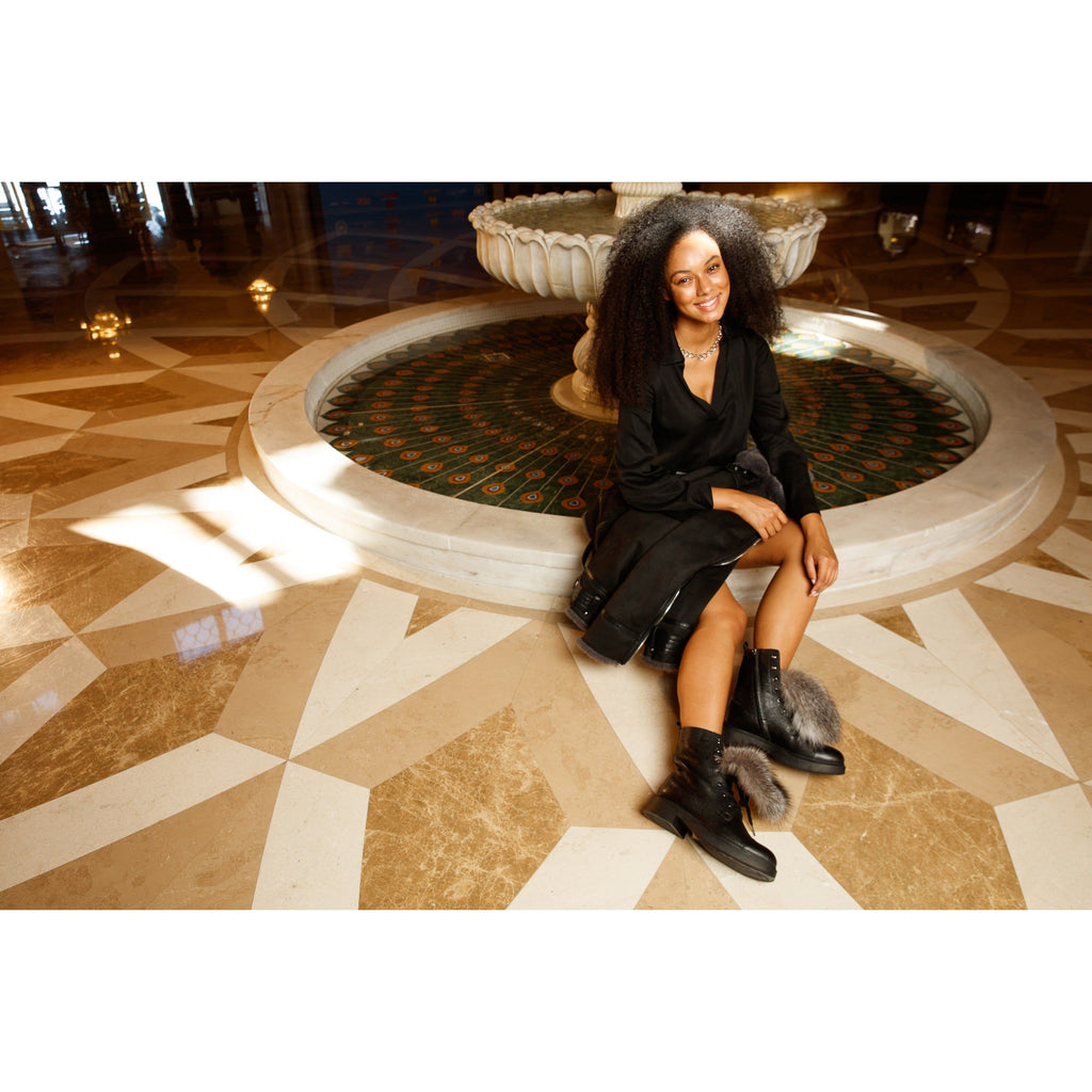 The Kajapati Black Leather Natural Fur Mid Calf Women Boot