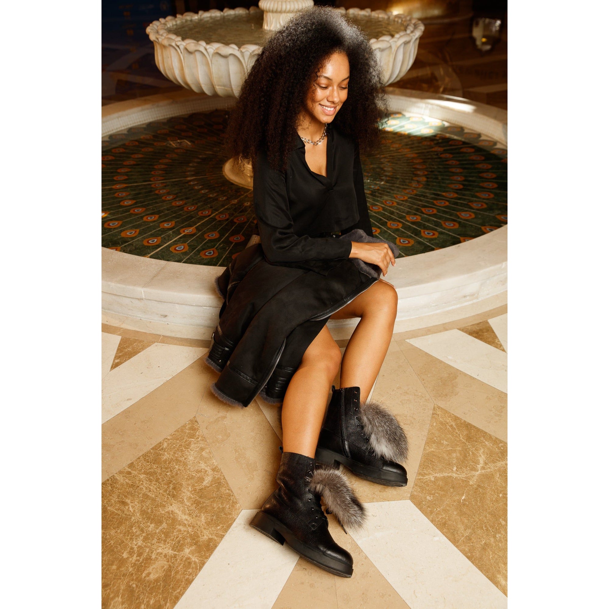 The Kajapati Black Leather Natural Fur Mid Calf Women Boot