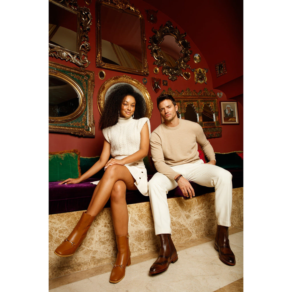 The Bukres Tan Leather Block Heel Mid Calf Women Boot