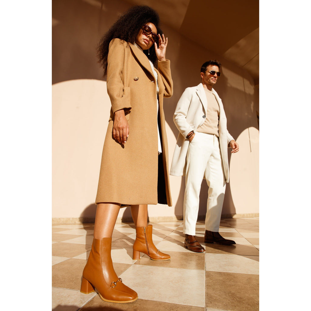 The Bukres Tan Leather Block Heel Mid Calf Women Boot