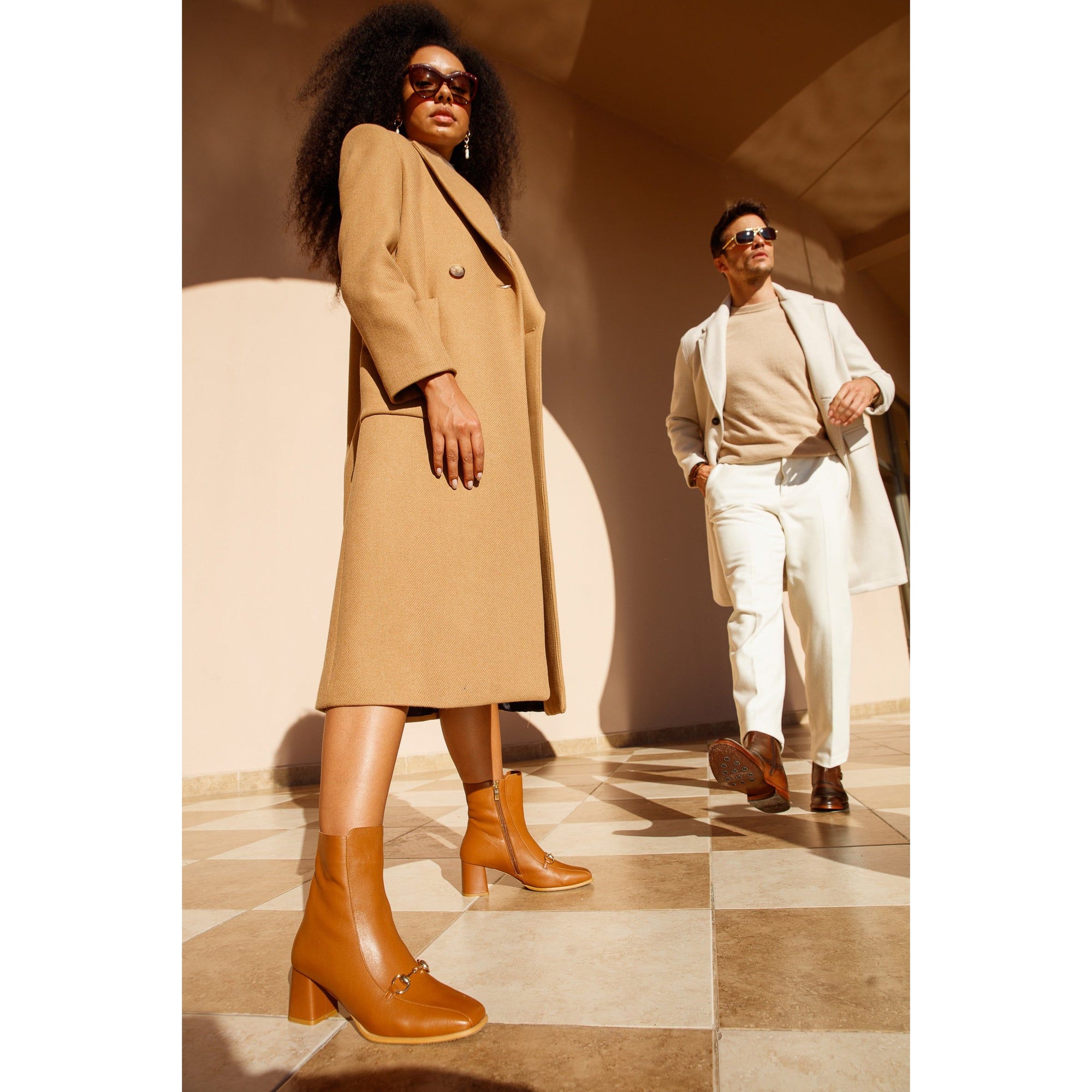 The Bukres Tan Leather Block Heel Mid Calf Women Boot