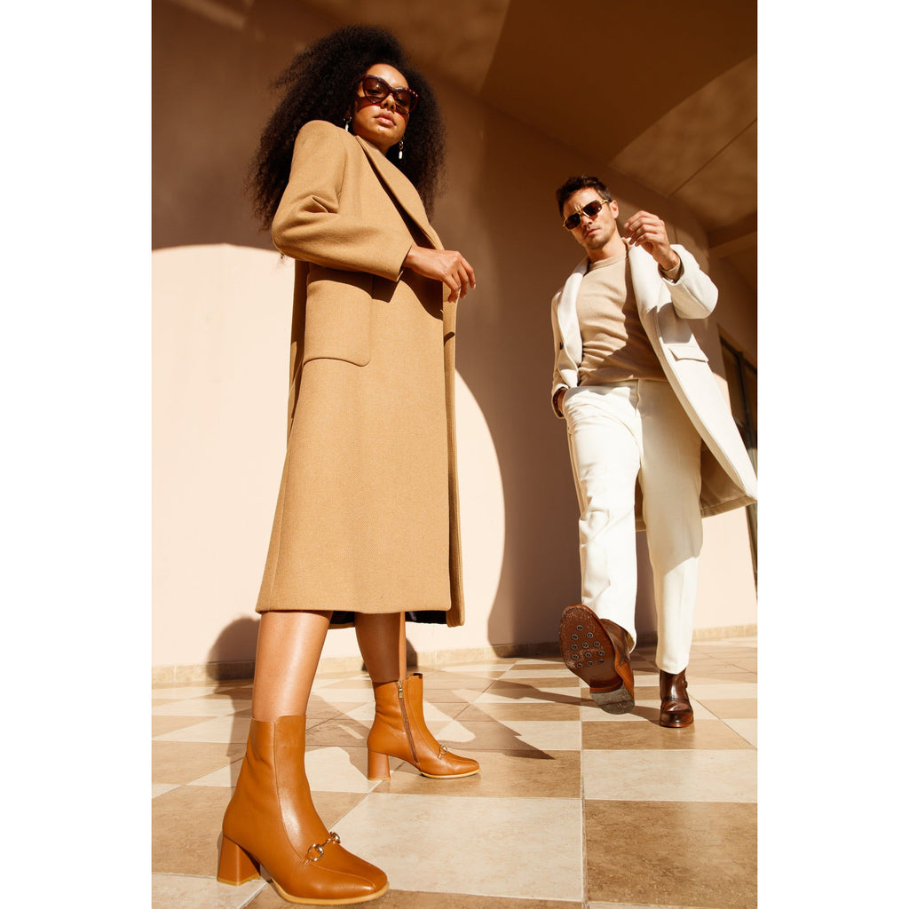 The Bukres Tan Leather Block Heel Mid Calf Women Boot