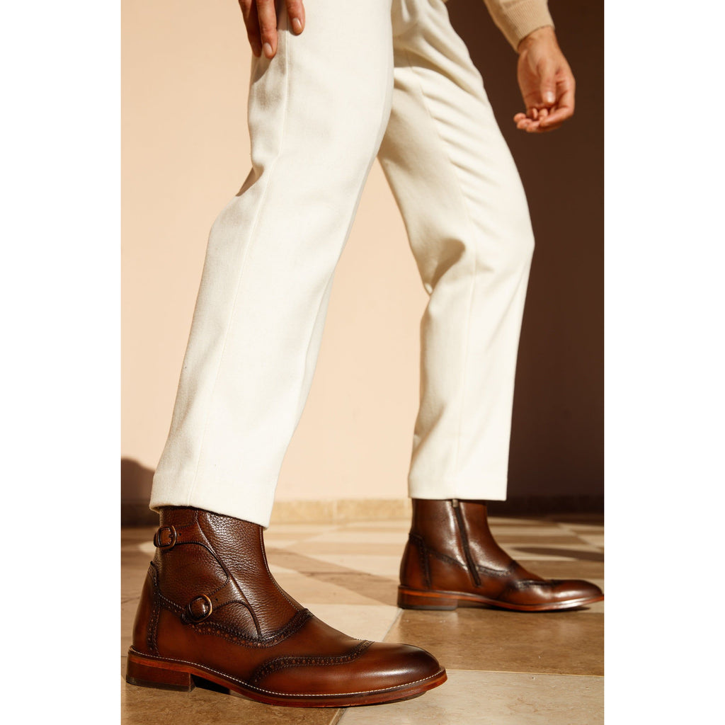 The Rand Brown Leather Double Buckle Brogue Men Boot with a Zipper