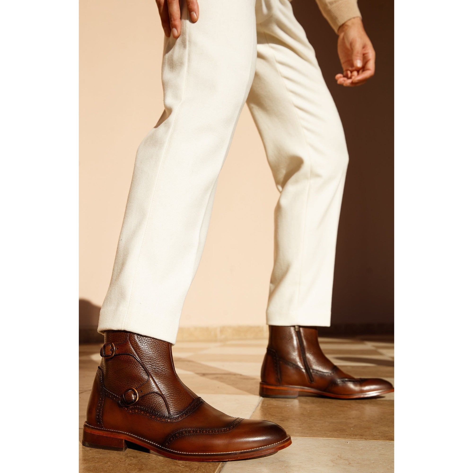 The Rand Brown Leather Double Buckle Brogue Men Boot with a Zipper