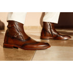 The Rand Brown Leather Double Buckle Brogue Men Boot with a Zipper