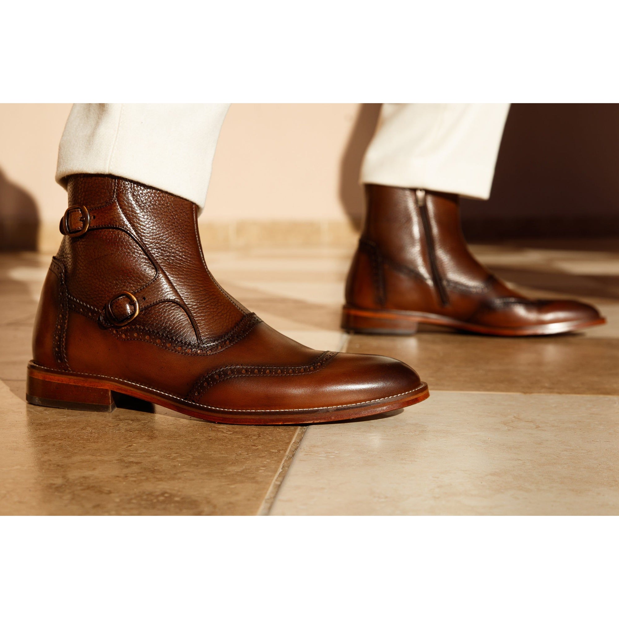 The Rand Brown Leather Double Buckle Brogue Men Boot with a Zipper