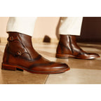 The Rand Brown Leather Double Buckle Brogue Men Boot with a Zipper