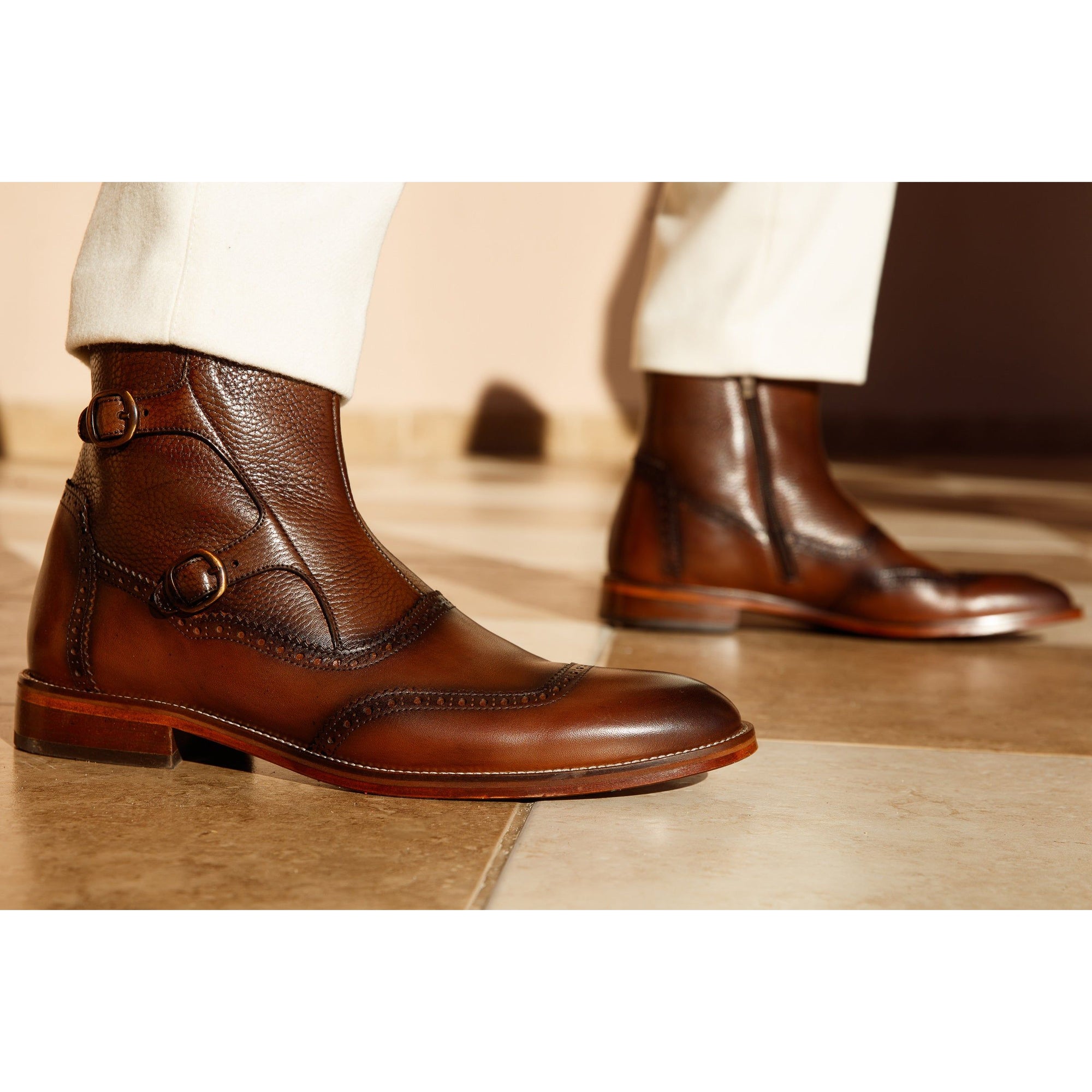 The Rand Brown Leather Double Buckle Brogue Men Boot with a Zipper