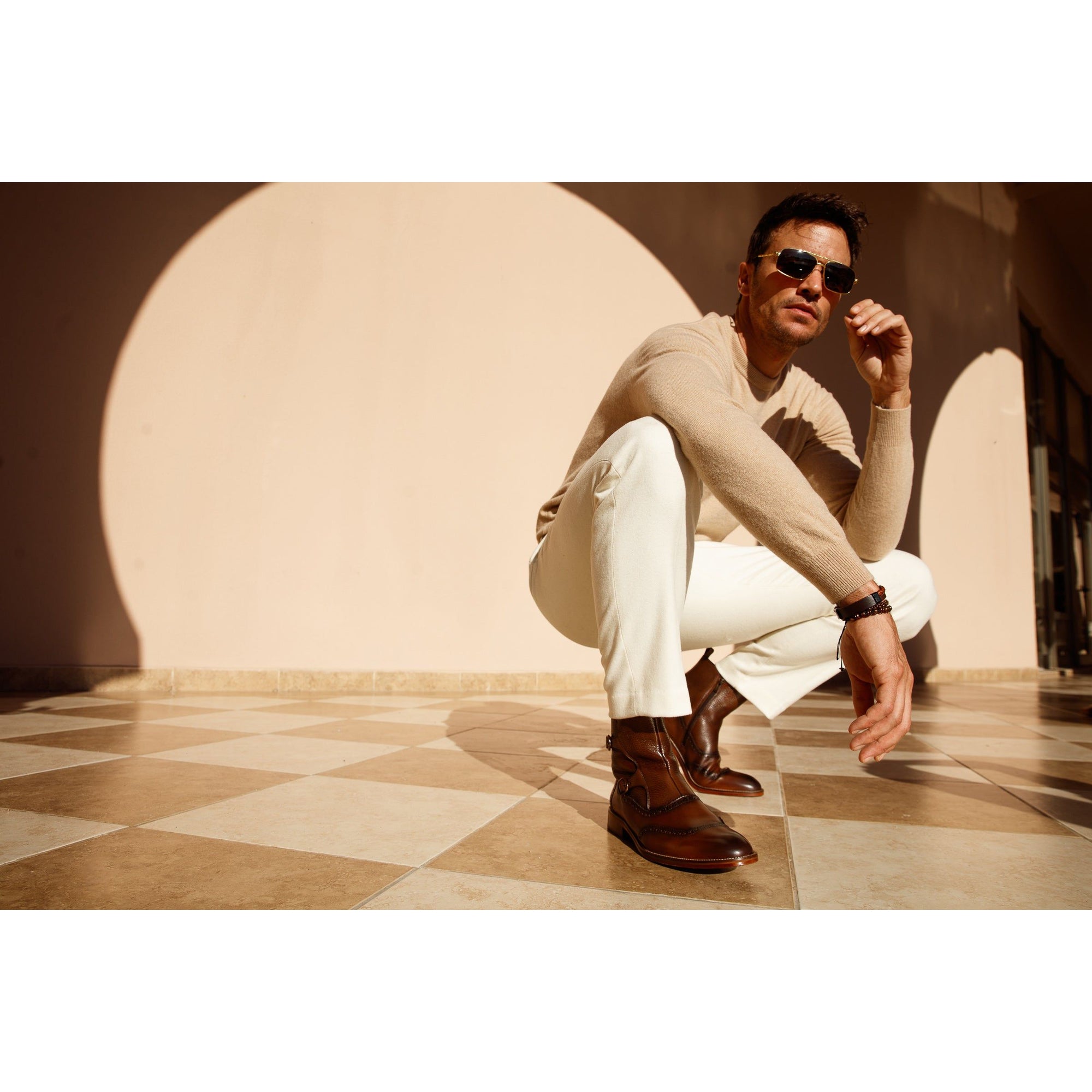 The Rand Brown Leather Double Buckle Brogue Men Boot with a Zipper