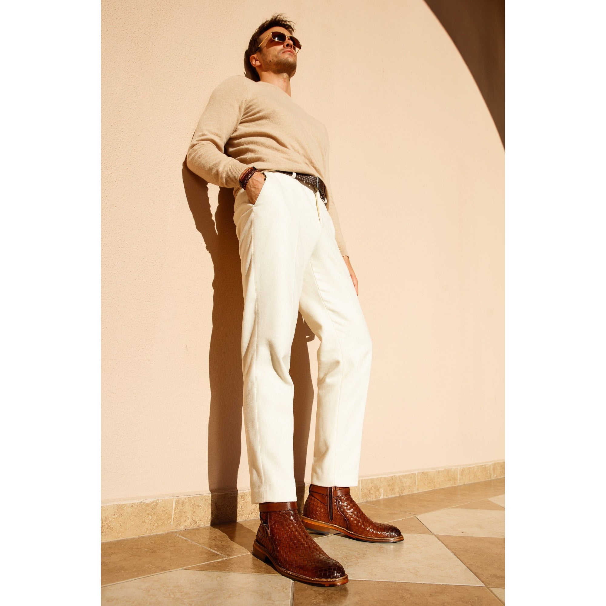 The Morral Tan Handwoven Leather Cross Strap Buckle Zip-Up Men Boot