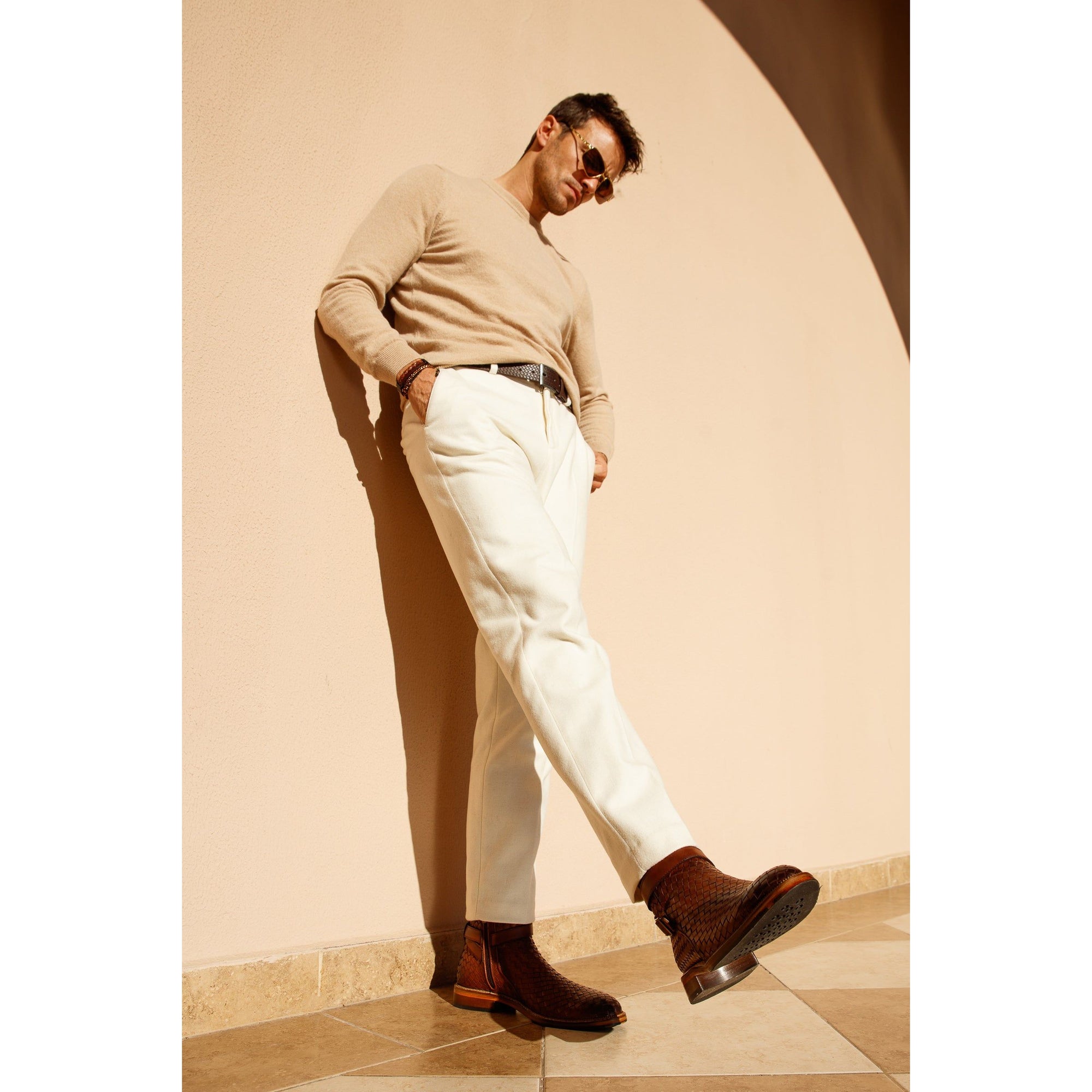 The Morral Tan Handwoven Leather Cross Strap Buckle Zip-Up Men Boot