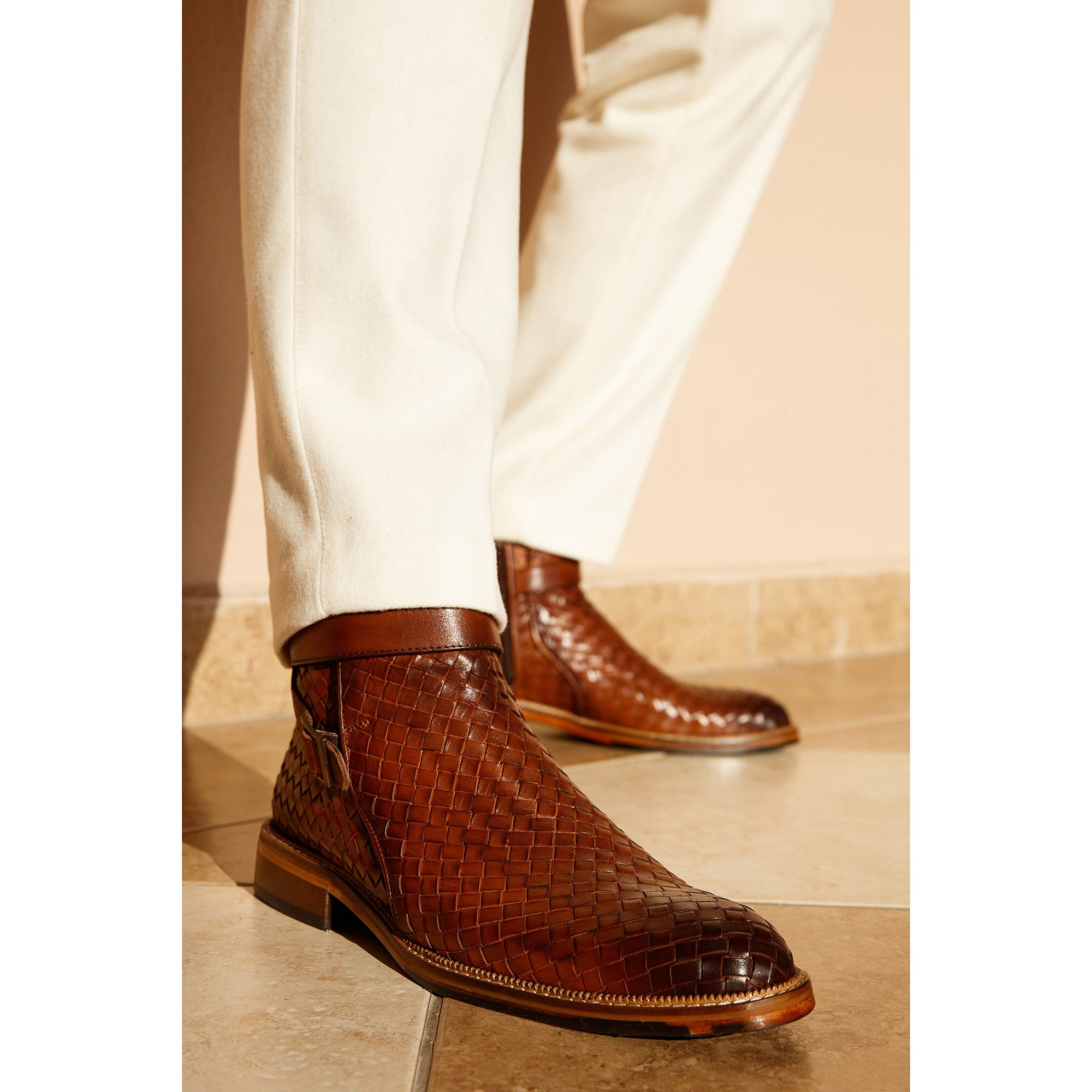 The Morral Tan Handwoven Leather Cross Strap Buckle Zip-Up Men Boot