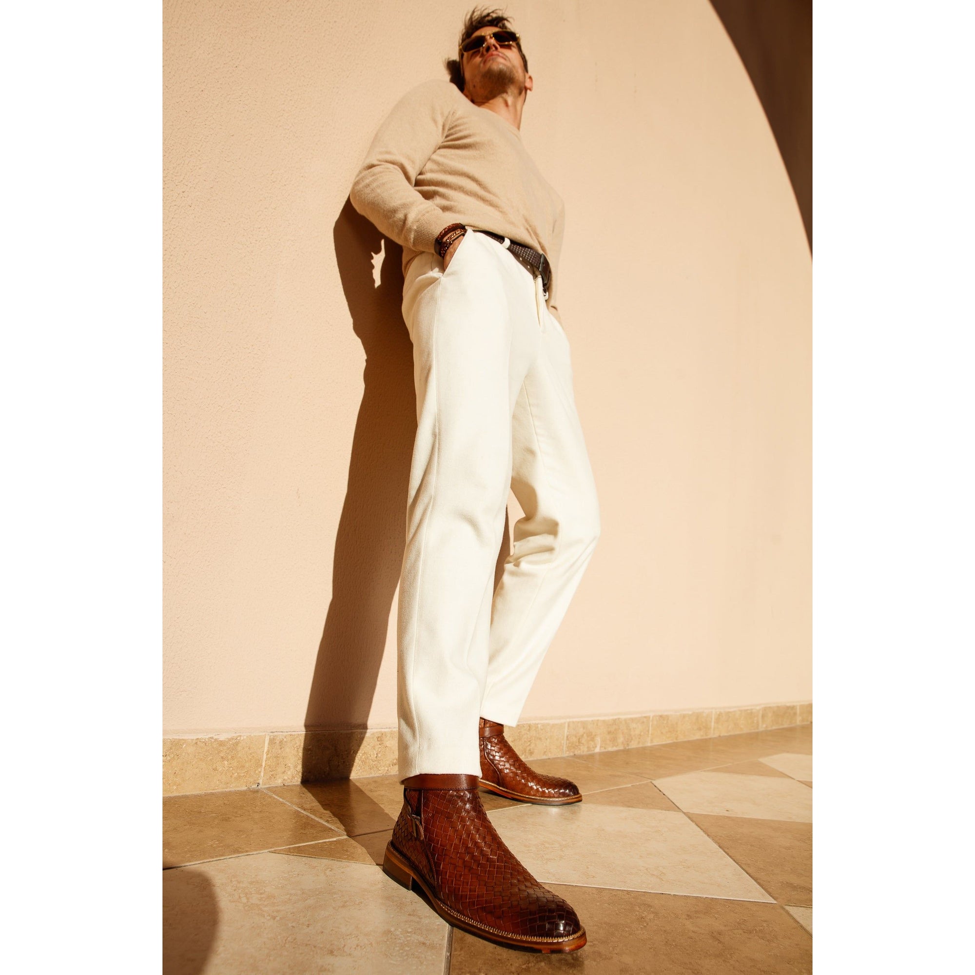 The Morral Tan Handwoven Leather Cross Strap Buckle Zip-Up Men Boot