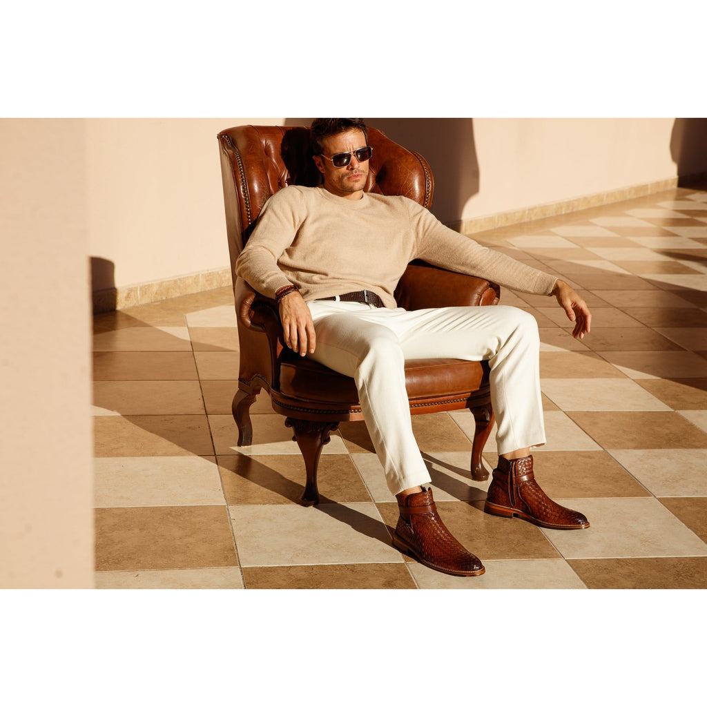 The Morral Tan Handwoven Leather Cross Strap Buckle Zip-Up Men Boot