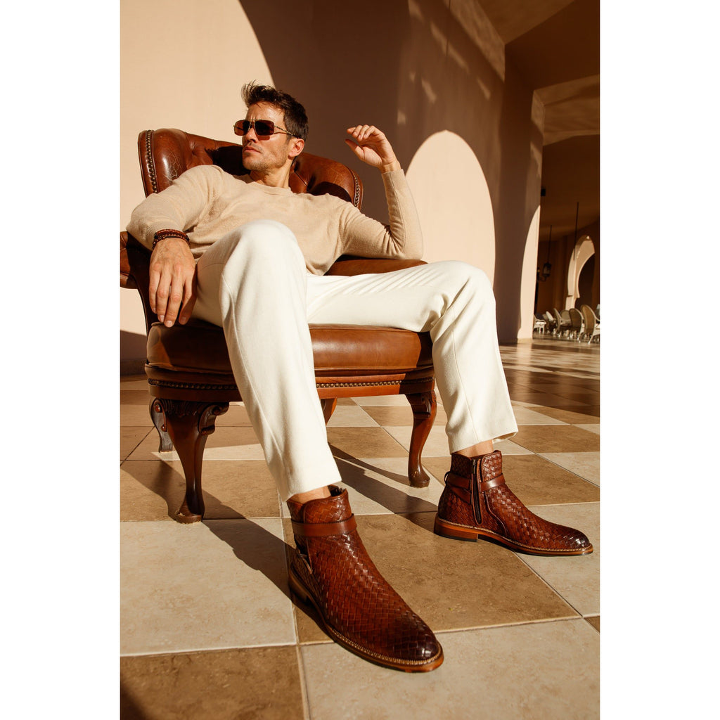 The Morral Tan Handwoven Leather Cross Strap Buckle Zip-Up Men Boot