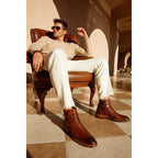 The Morral Tan Handwoven Leather Cross Strap Buckle Zip-Up Men Boot