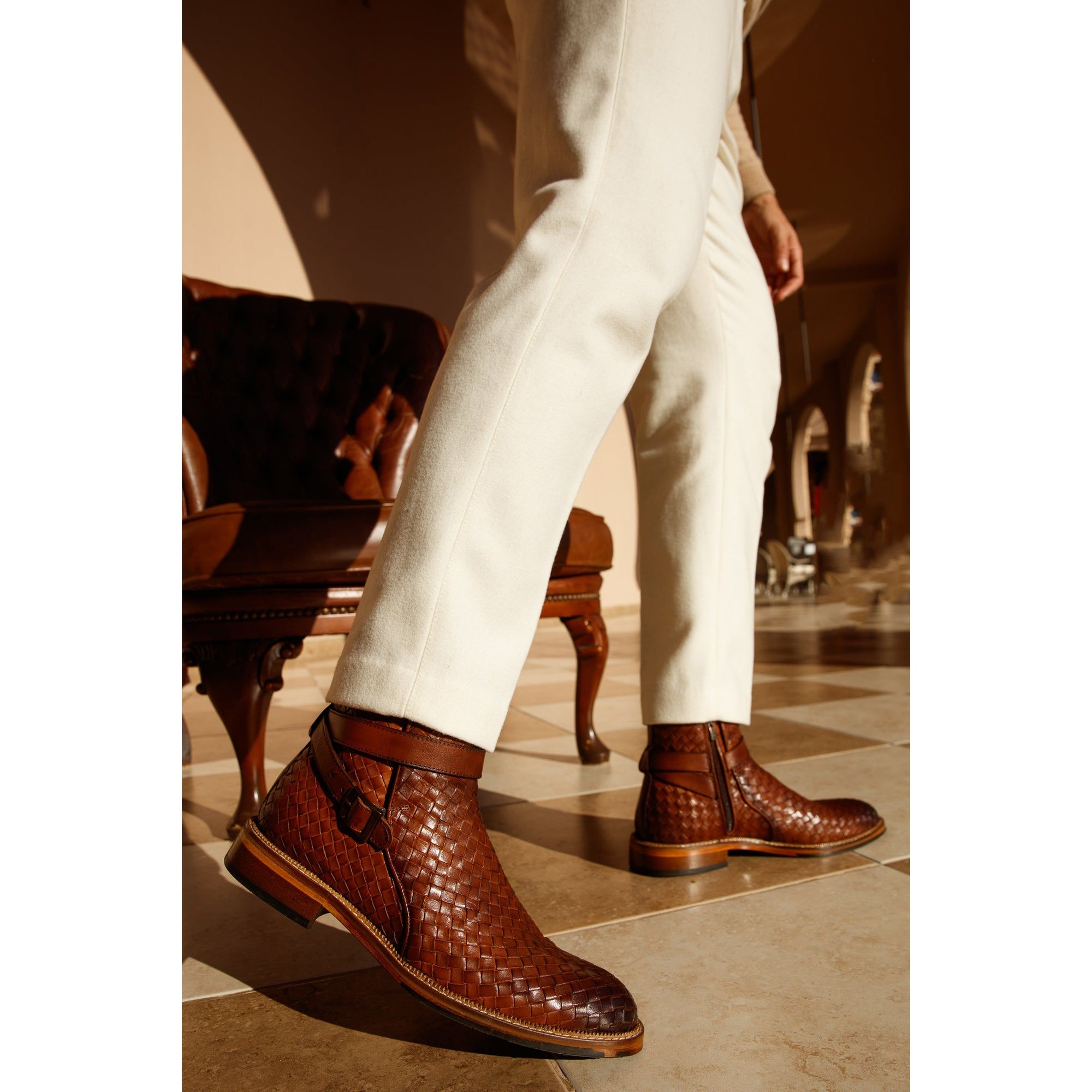 The Morral Tan Handwoven Leather Cross Strap Buckle Zip-Up Men Boot