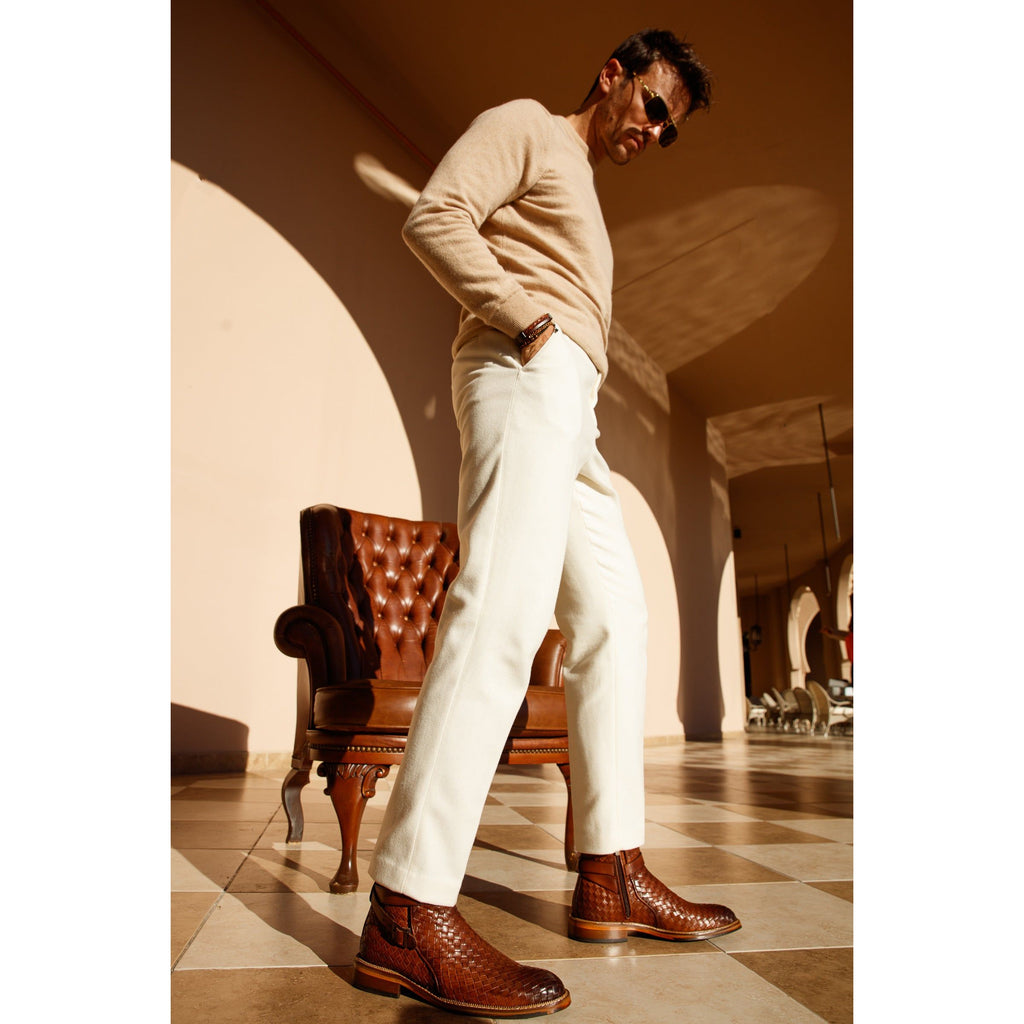The Morral Tan Handwoven Leather Cross Strap Buckle Zip-Up Men Boot