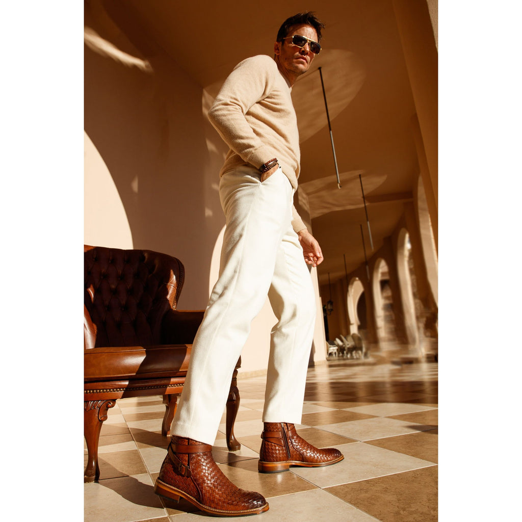The Morral Tan Handwoven Leather Cross Strap Buckle Zip-Up Men Boot