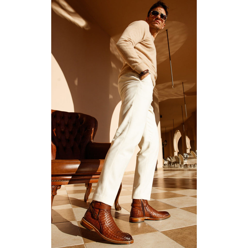 The Morral Tan Handwoven Leather Cross Strap Buckle Zip-Up Men Boot