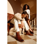 The Morral Tan Handwoven Leather Cross Strap Buckle Zip-Up Men Boot
