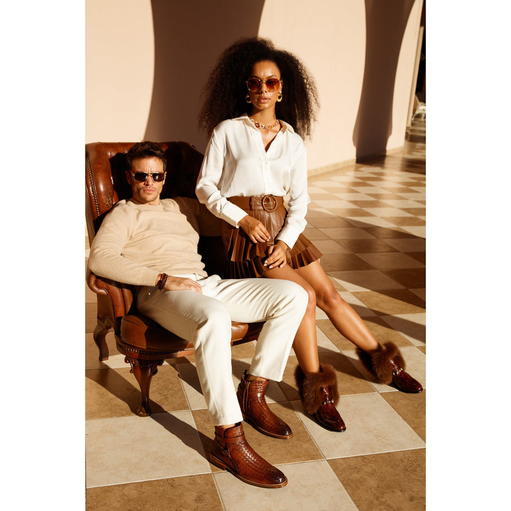 The Morral Tan Handwoven Leather Cross Strap Buckle Zip-Up Men Boot