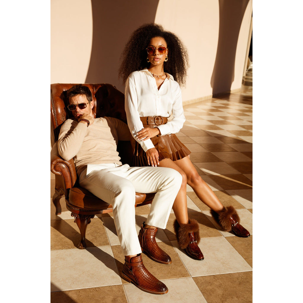 The Morral Tan Handwoven Leather Cross Strap Buckle Zip-Up Men Boot
