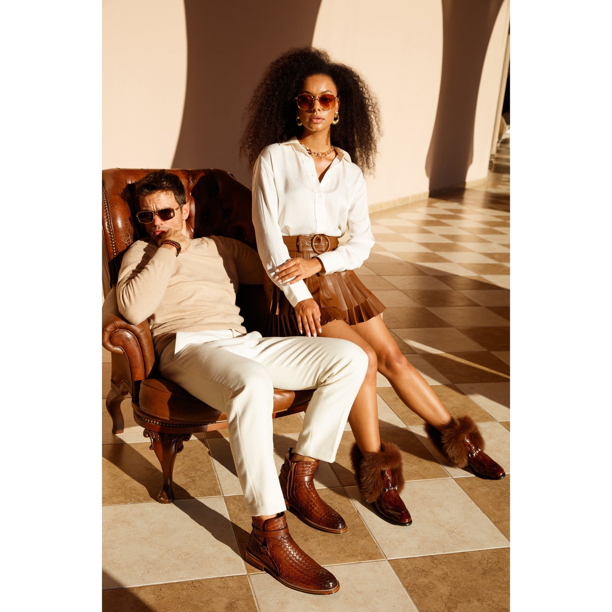 The Morral Tan Handwoven Leather Cross Strap Buckle Zip-Up Men Boot