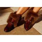 The Izmir Brown Patent Leather Natural Fur Mid Calf Women Boot