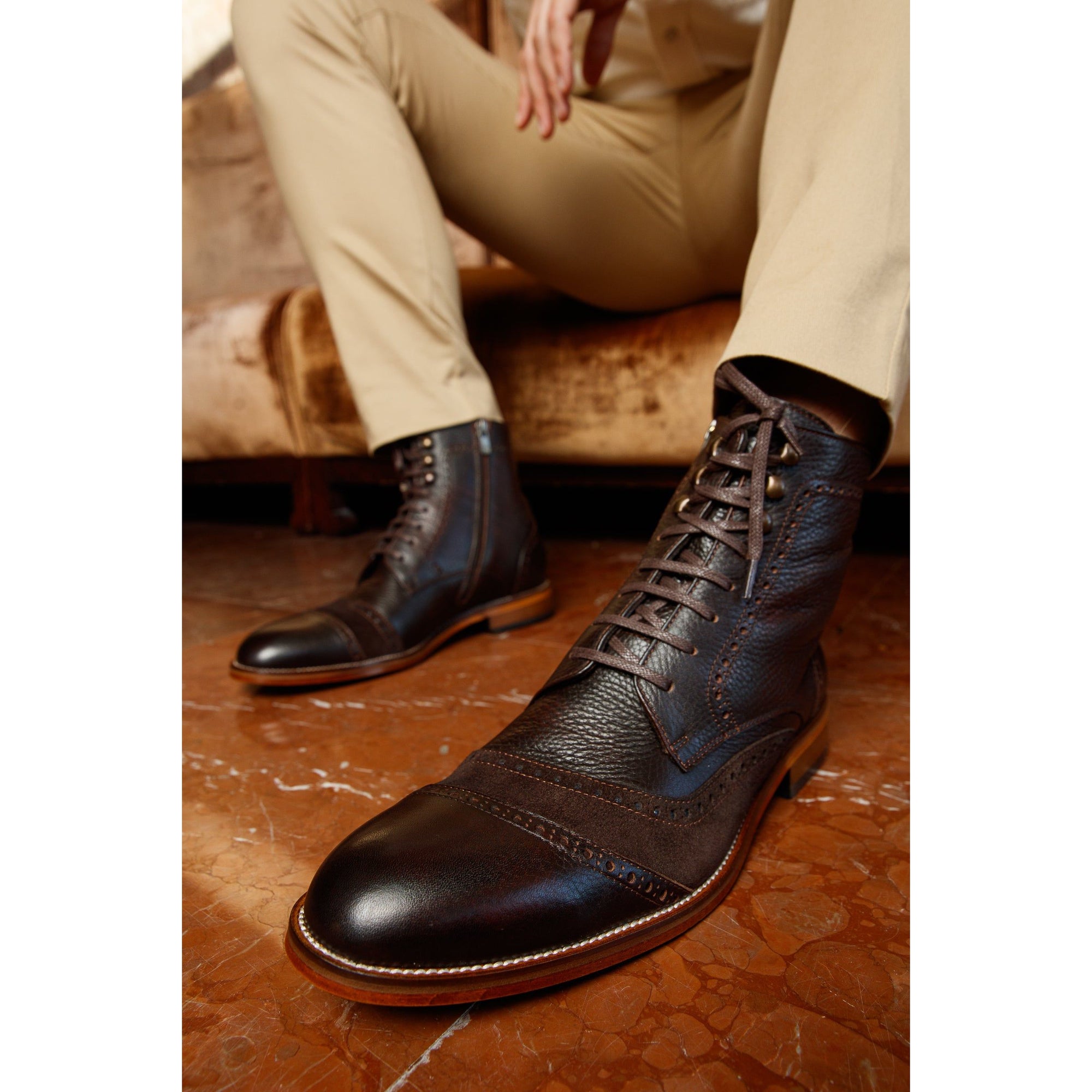 The Anderson Brown Leather & Suede Brogue Lace-Up Men Boot with a Zipper