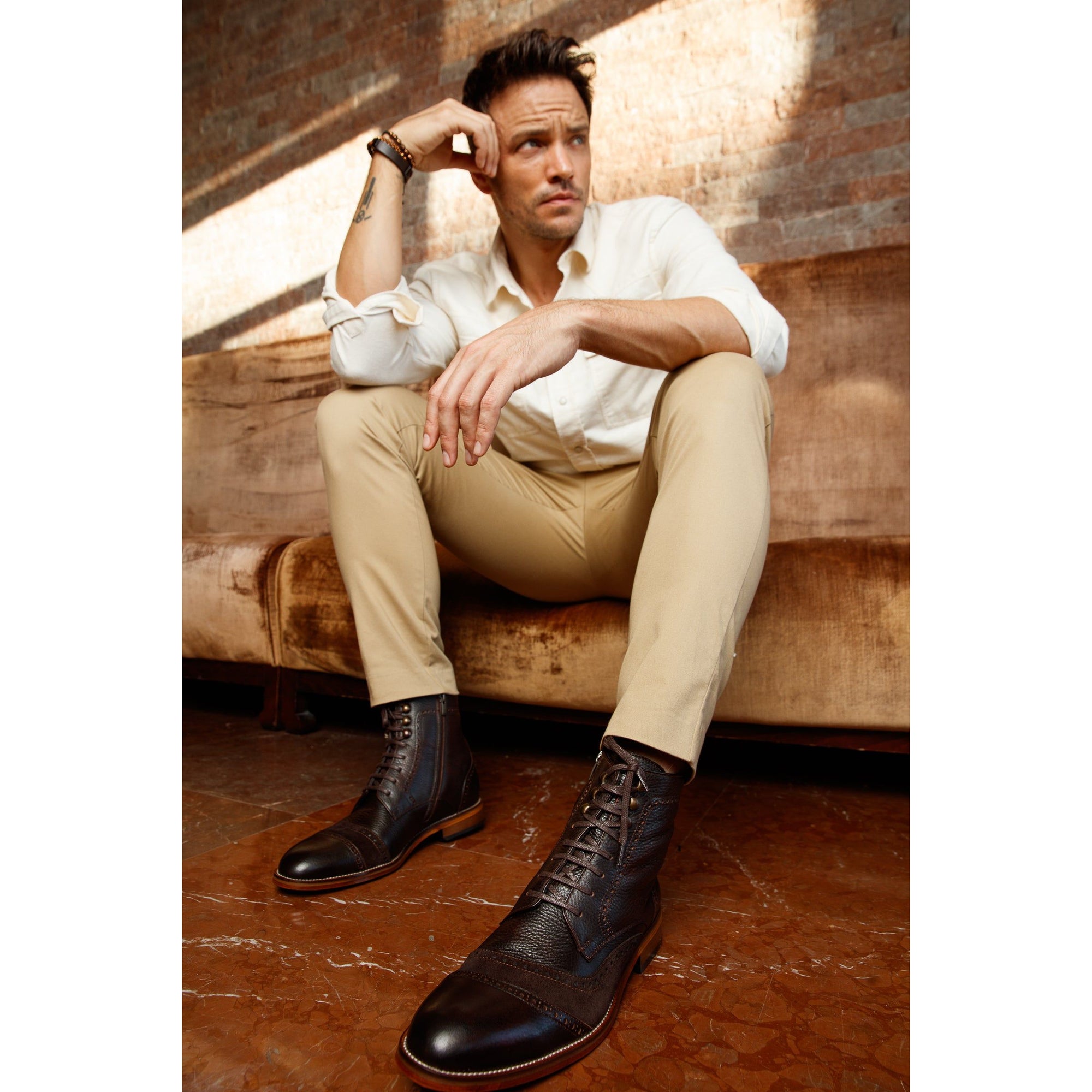 The Anderson Brown Leather & Suede Brogue Lace-Up Men Boot with a Zipper