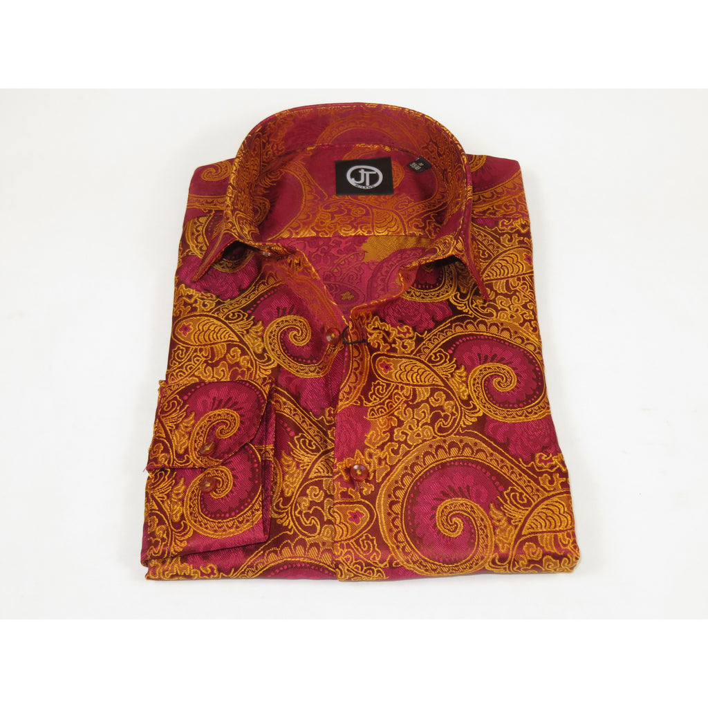Men's JT MILANO by AVM Paisley Floral Shirt Turkey Slim Fit 6022-28 Wine/Gold