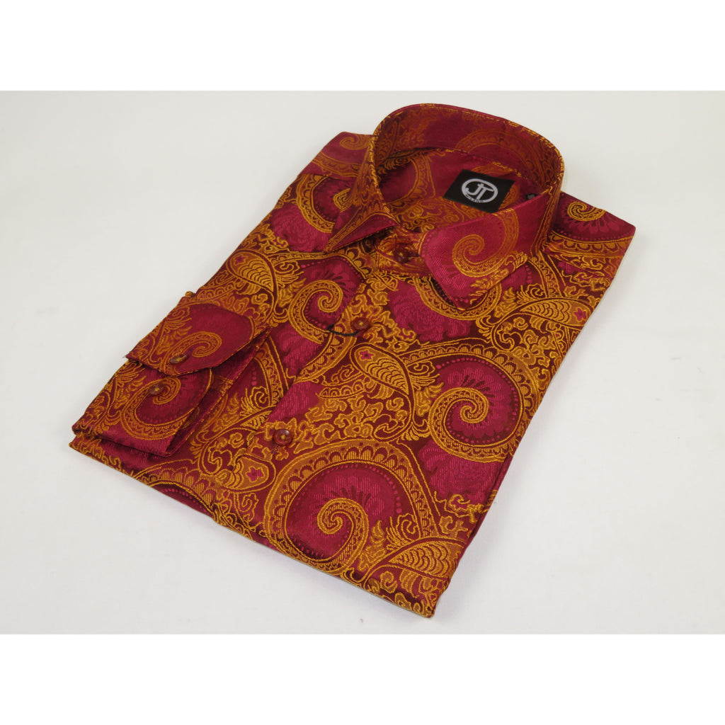Men's JT MILANO by AVM Paisley Floral Shirt Turkey Slim Fit 6022-28 Wine/Gold