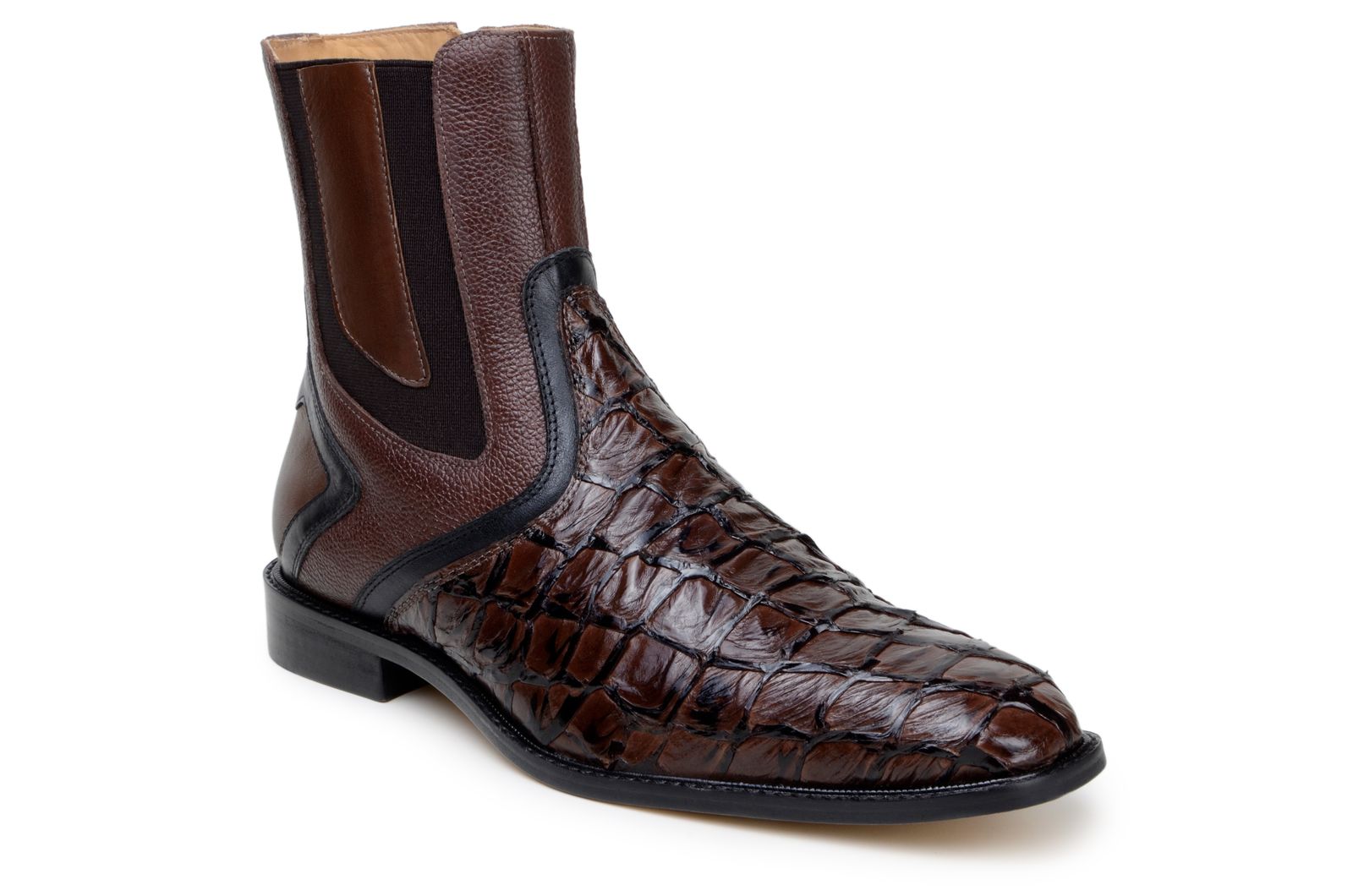 Belvedere Lima Genuine Pirarucu Skin and Pebble Grain Calf Chukka Zipper Boots Brown