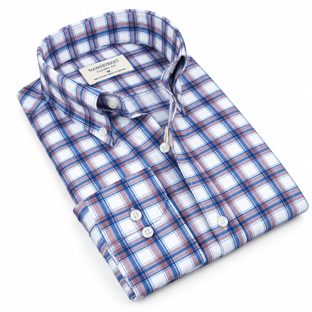 Mens Soft Lycra Stretch Shirt Manschett Turkey Slim Fit Oxford Button Down Collar 6151-04 Blue/Tan Plaid