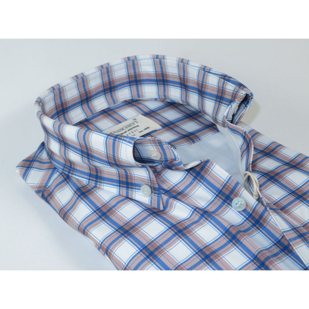Mens Soft Lycra Stretch Shirt Manschett Turkey Slim Fit Oxford Button Down Collar 6151-04 Blue/Tan Plaid