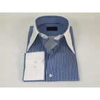 Mens European 100% Cotton Shirt Manschett Slim Fit Long Point Collar 6178-06 Navy Stripe