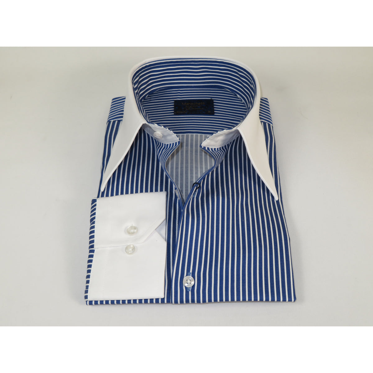 Mens European 100% Cotton Shirt Manschett Slim Fit Long Point Collar 6178-06 Navy Stripe